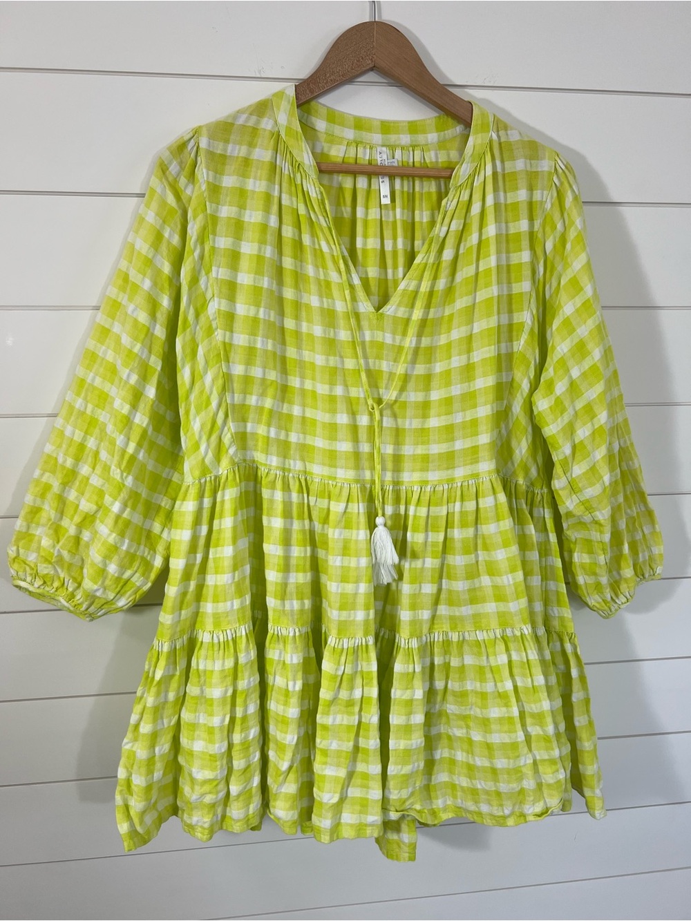 Seafolly Lime Green Gingham Swim Cover Up Dress S/M Boho Beach 100% Cotton - Picture 2 of 14